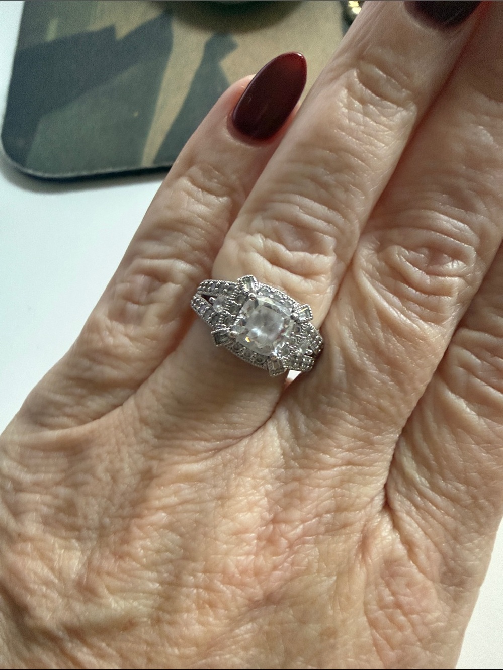 Diamonique Elegant Silver-Tone Cushion-Cut Halo Ring in White